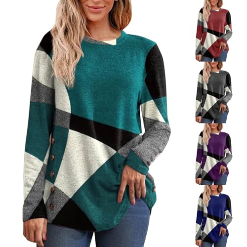 Jumpers for Women UK 2025 Autumn Winter Fleece Tops Ladies Casual Long Sleeve Crewneck Pctchwork Printed Pullover Trendy Geometric Print Blouse Ladies Elegant Sweater Cosy Warm Winter Jumper Dresses
