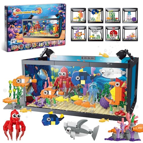 TectoStrux 8 in 1 Fish Tank Construction Toy, Marine Aquarium Building Block with LED Light, Model 9 Toy Included Octopus Crab, Christmas Birthday Gifts for Kids Children 6-12 Years Old