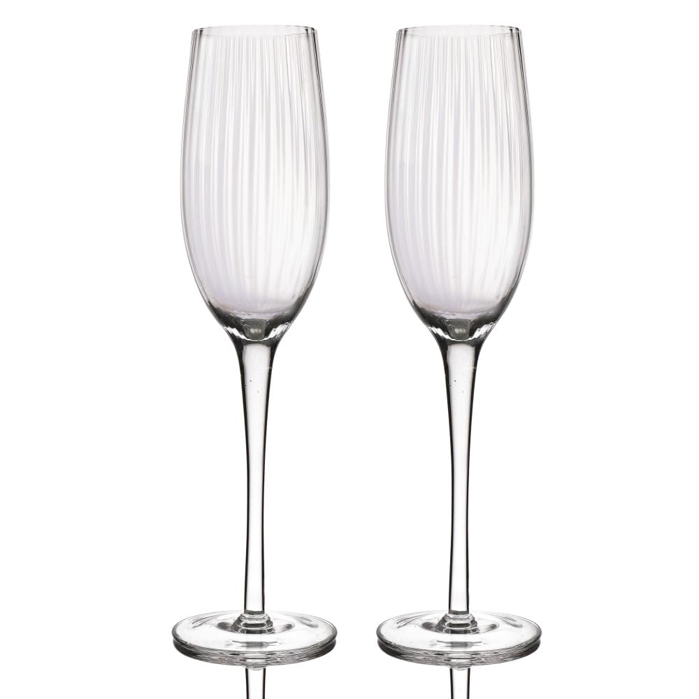 BarCraft Ribbed Champagne Flutes, Set of 2 Handmade Glasses in Gift Box, 200ml