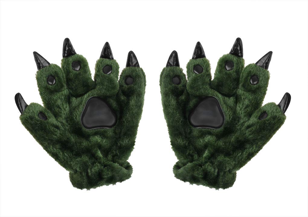 Ylucky Unisex Thick Animal Costume Dinasour Cat Paw Claw Wolf Gloves Winter Warm Plush Hand Gloves Cute Mittens Padded Hand Warmer for Halloween Cosplay Party Fancy Dress Green