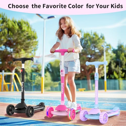 BELEEV A9 Kids Scooter with LED Light-Up Wheels & Deck, 3 Wheel Foldable Kick Scooter for Toddlers Boys Girls Ages 3-12, Adjustable Handlebar, Lean-to-Steer, Extra-Wide Wheels