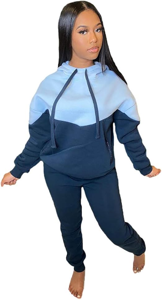 MESLIMA Women's Casual Two Piece Set Patchwork Color Hooded Long Sleeve