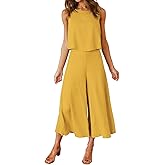 ROYLAMP Women's Summer 2 Piece Outfits Round Neck Crop Basic Top Cropped Wide Leg Pants Set Jumpsuits