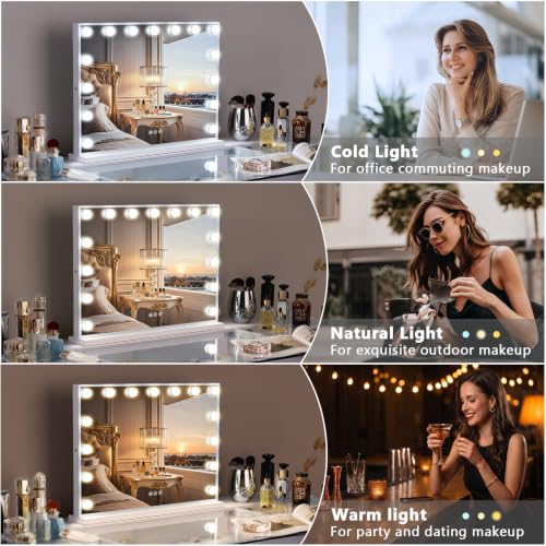 FENCHILIN Vanity Mirror with Lights, Hollywood Lighted Makeup Mirror with 15 Dimmable LED Bulbs for Dressing Room & Bedroom, Slim Metal Frame Design, White