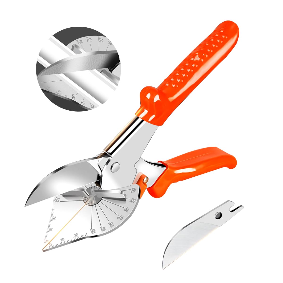 HOHXEN 45° - 135° Angle Miter Shear Cutter - Orange, Multi-Function Trunking Scissors, Quarter Round Cutting Tool for PVC, PE Pipe, Soft Wood, Branch, Wire, DIY Toy Gift, Including 1 Spare Blade