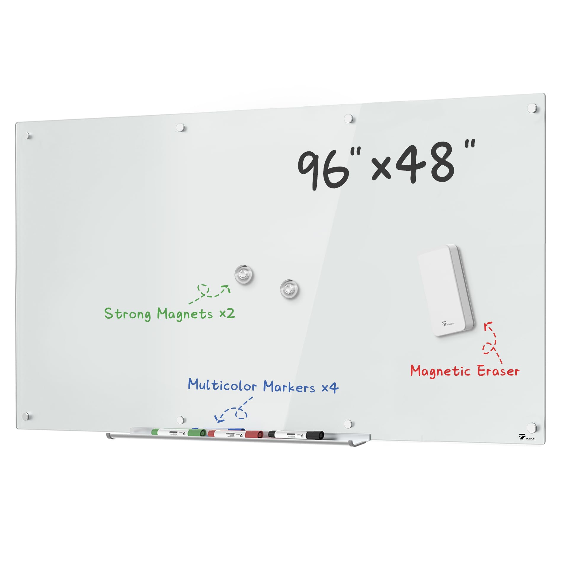 Photo 1 of TOWON 8 x 4ft Whiteboard Huge, Glass Dry Erase Board Magnetic, 96 x 48 in, Infinity Frameless Mounting, White Surface, 4 Multi-Color Markers, 2 Strong Magnets, Pen Tray and Eraser