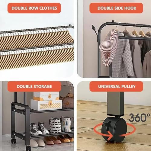 ORCHID M® Double Rod Clothing Rack with Wheels,Heavy-Duty Clothes Hanging Rack with Lockable Wheels for Bedroom, Free-Standing Closet Organizer with Storage Shelves, Entryway, and Office