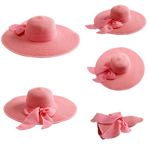 Women\'s Pink 5.7 Inches Big Bowknot Straw Hat Large Floppy Foldable Cap 5.7 Inches Big Bowknot Straw Hat Large Floppy Foldable Roll  main image 2