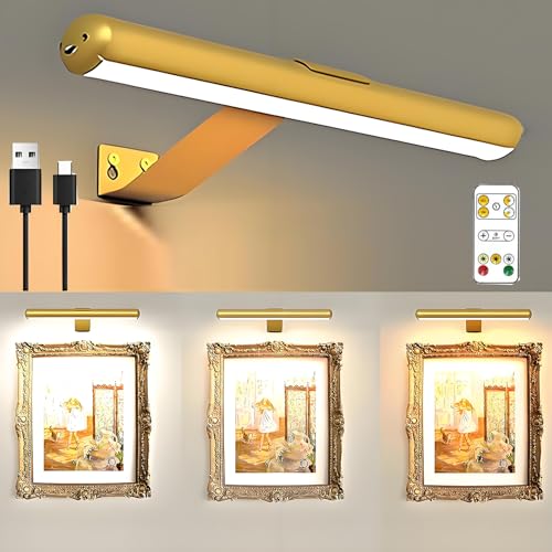 ALISMAEEL Wireless LED Picture Light Rechargeable 4400mAh Battery Wall Sconce,3 Color Adjustable Painting Light with Timer and Remote Control for Wall Pictures,Gallery Artwork,Paintings,Portraits