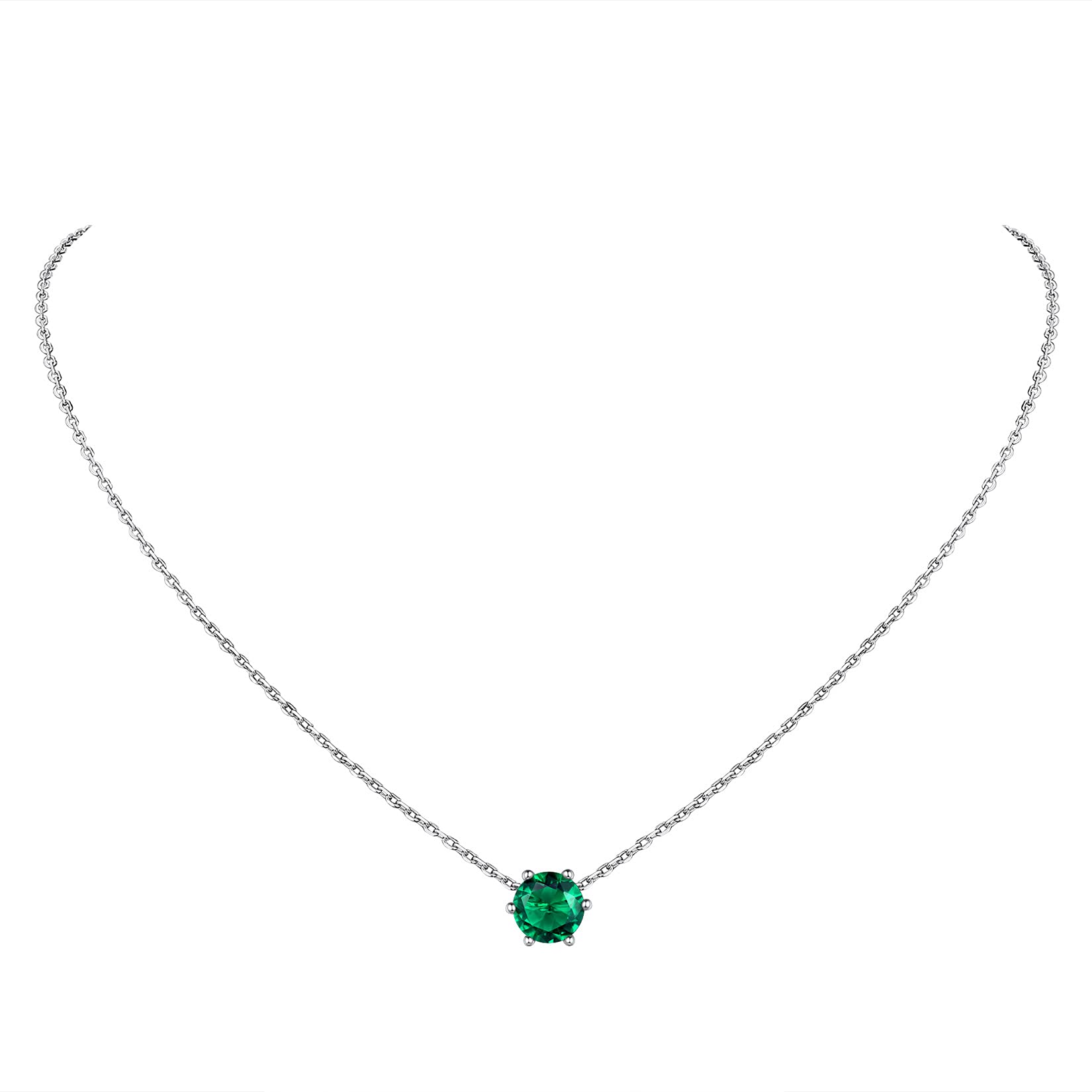 May Birthstone Necklace Sterling Silver, Tiny Stone Necklace, Womens Birthstone Jewelry, Genuine or Created Round Cut Birthstone Pendant Necklace for Teen Girls