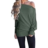 GOLDSTITCH Women's Off Shoulder Tops Casual Loose Batwing Sleeve Shirts Tunic Knit Oversized Pullover Sweater Green