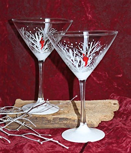 Hand Painted Martini Glasses - Winter Snow with Red Cardinal (Set of 2)