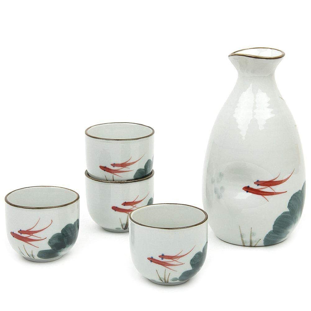 Sake Set Japanese Sake Cup Set Traditional Hand Painted Design Porcelain Pottery Ceramic Cups Crafts Wine Glasses 5 Piece (Red Fish)