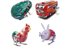 HYSTYLE 4 Pack Clockwork Spring Wind Up Metal Jumping Frog Cock Rabbit Fire Truck, Retro Vintage Wind Up Clockwork Toy Kids Children Party Favors Christmas Stocking Stuffers