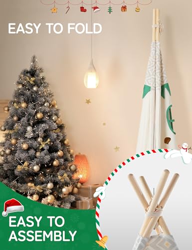 besrey Kids Play Tent Indian Canvas Teepee Cotton with Padded Mat and Fairy Lights (Green and White)