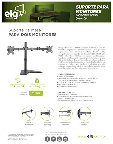 ELG, T1224N, Suporte Ergonômico Articulado de Mesa para 2 Monitores de 17'' a 32'' com Peso Máximo de 8kg em Cada Braço, Produto Ergonômico, Preto