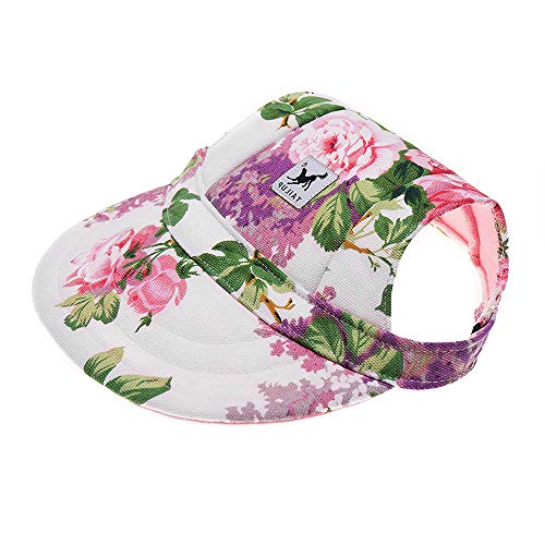 Happy Hours - Small Pet Dog Cat Baseball Visor Sports Hat Cap Puppy Summer Baseball Outdoor Ear Holes Sunbonnet Outfit Elastic Leather Neck Strap 6 Colors 2 Sizes Available (Flowers, Size M)