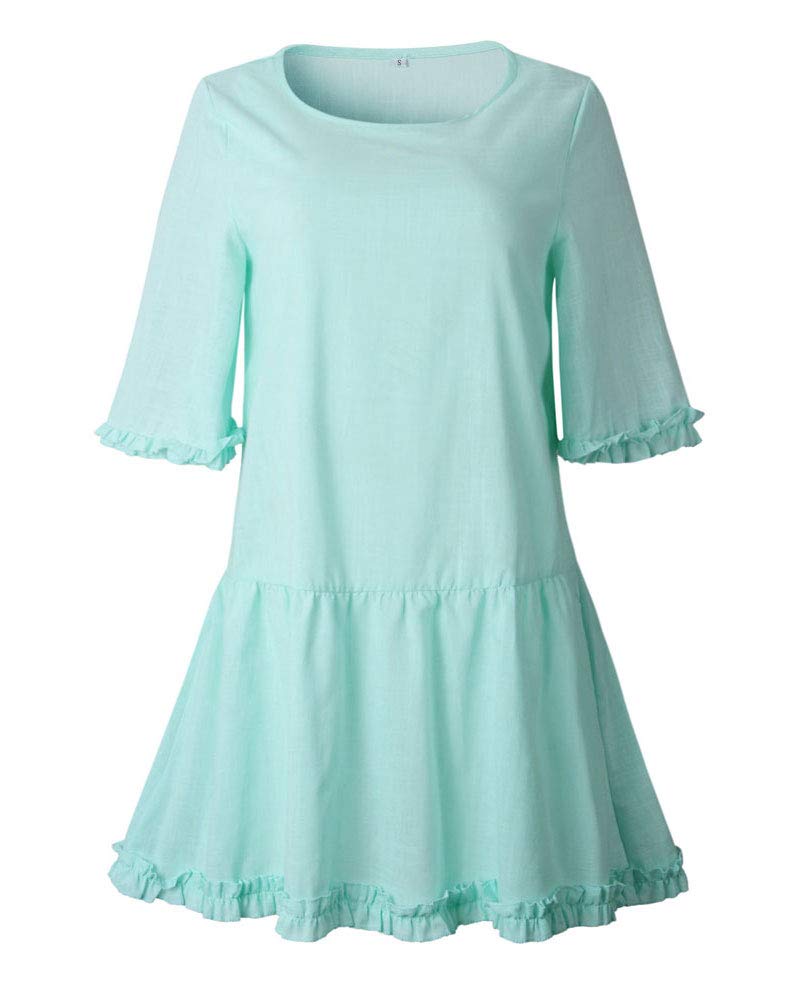 Womens Cotton Dresses Ruffles Decor - Plain Simple Loose Fit Mini Dress Green