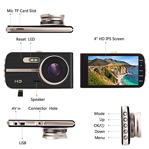 Dual Dash Cam, 4.0 HD IPS Screen, DONGKER FHD 1080P Front Cam + VGA Rear Cam, 290 Wide Angle Motion detector Dash Cam with Sony CMOS chip, HDR, G-Sensor, Parking Monitor, Night Vision