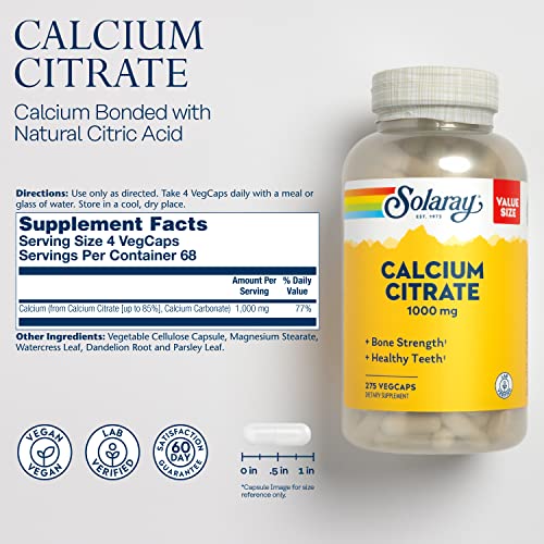Solaray Calcium Citrate 1000mg, Chelated Calcium Supplement for Bone