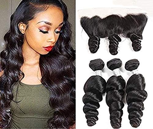 Peruvian Loose Wave 3 Bundles with Lace Frontal 13x4 Ear to Ear Closure Free Part Unprocessed 8A Virgin Human Hair Natural Color (20 22 24+18LF)