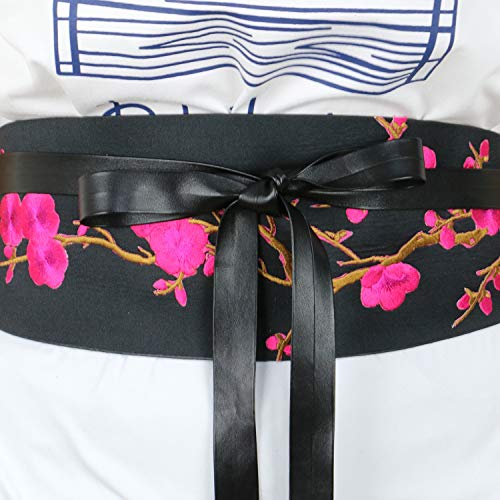 HUELE Vintage Womens Plum Embroidery Soft PU Leather Corset Waist Band Cinch Boho Belt Self Tie Wrap Around OBI Waist Band