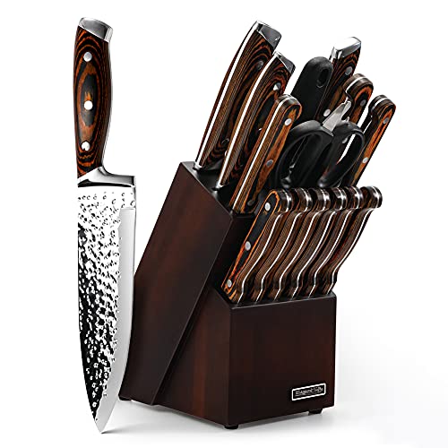 Knife Set, Elegant Life 15-Piece Kitchen Knife Set with Block Wooden, Manual Sharpening for Chef Knife Set, Self Sharpening for Chef Knife Set, Japan Stainless Steel, Boxed Knife Sets