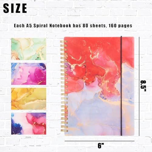 Koogel 5PCS Spiral Notebook A5, Hardcover Spiral Journal 400 Sheets College Ruled Notebook with Marble Pattern Covers for Ladies Women Gift Office School Supplies