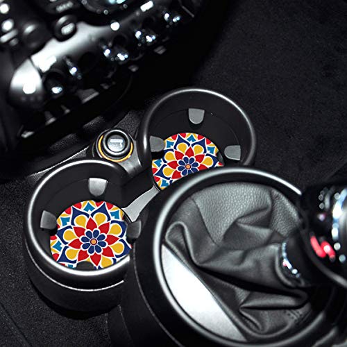 Absorbent Stone Car Coasters for Drinks, Beautiful Mandala Style Absorb Condensation for protect the Car cup holder and keep your car clean,Small 2.6" Diameter,Set of 2