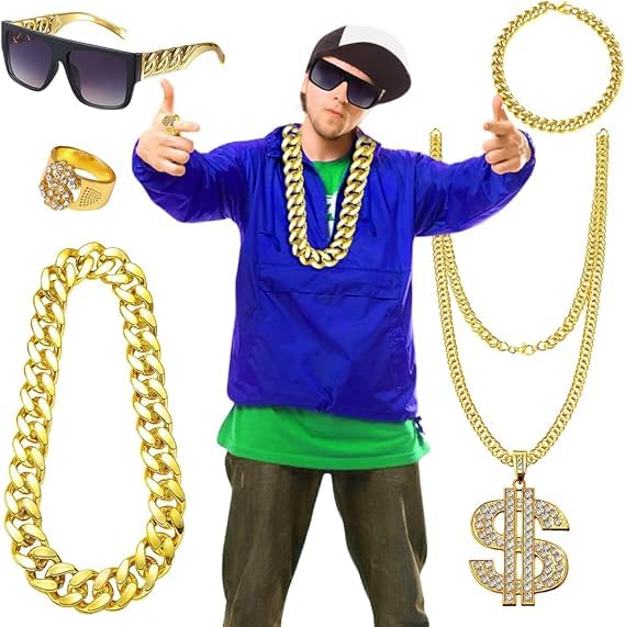 Gohytal Hip Hop Costume Set - 5PCS 80s 90s Disco Accessories, Punk Sign Gold Chain Kit, Rings, Sunglasses, Hippie Glasses for Rapper Outfit