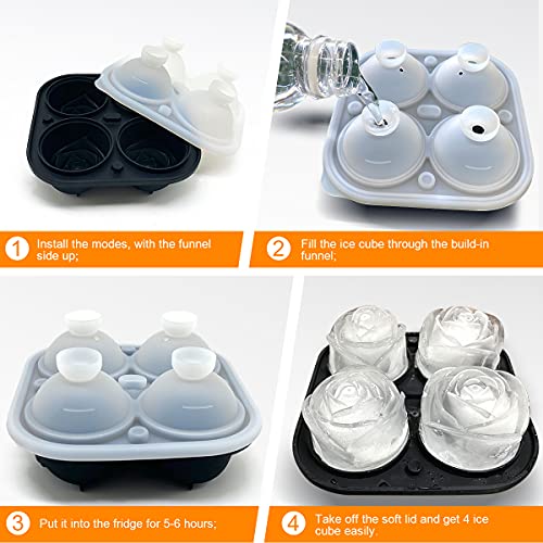 Rose Ice Cube Trays,HIGHMON Silicone Reusable 4X2.3inch Large Ice Balls Maker Mold with Lid And Build-In Funnel,Craft Flower Shape for Cocktails Freezer Whiskey Bourbon DIY Homemade Juice