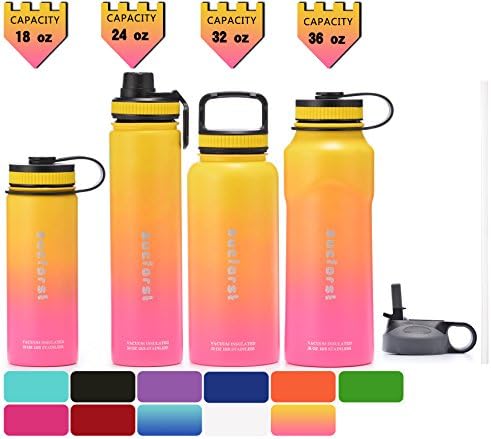 SUCFORST Water Bottle +2 Extra Lids- Vacuum Insulated Stainless Steel Wide Mouth Travel Mug - Powder Coated Double-Walled Flask,36 oz,32 oz,24 oz,18 oz (18 oz, Pink/Yellow)
