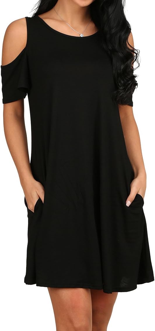 OFEEFAN Women's Cold Shoulder Tunic Top T-Shirt Swing Dress with Pockets