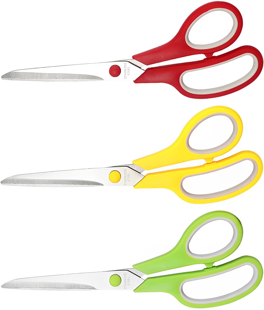 KINDOYO 8" Multipurpose Scissors 3 Pack with Ultra Sharp Blades, Comfort-Grip Handles, Sturdy for School Home Office Art Craft Sewing Tailor Heavy Duty, Red, Yellow, Green — image 1