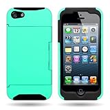 CoverON® Hybrid Dual Layer Case with Credit Card Holder for Apple Iphone 5S / 5 - TEAL Hard BLACK Soft Silicone