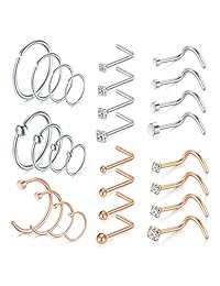 MODRSA 18G Stainless Steel Nose Rings Hoop L-Shaped Nose Rings Studs Screw Jeweled Tragus Cartilage Helix Rings Lip Septum Piercing Hoop Set 28pcs