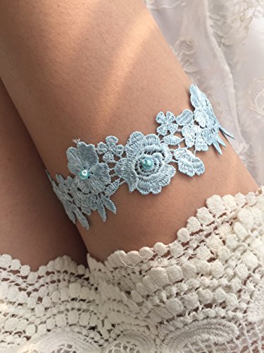 YuRong Wedding Flower Garter Bridal Pearls Garter Bridal Garter G07 (Blue)