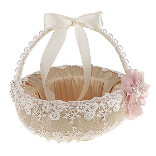 Flower Girl Basket Ribbon Bow Pearl Handle Silk Satin Lace Flower Basket for Wedding Bridal Ceremony Party Decoration Supplies