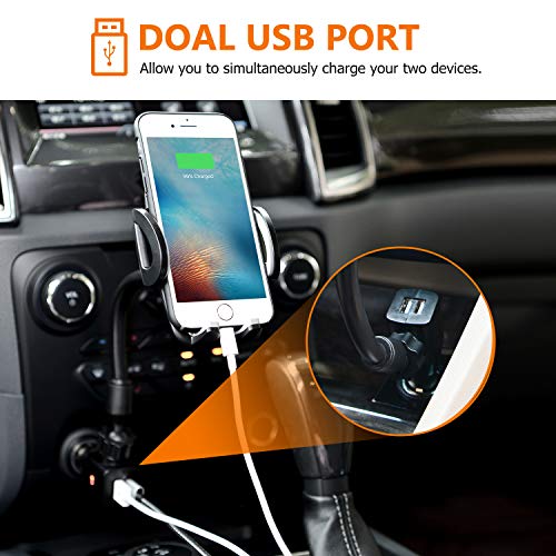 3-in-1 Car Mount, Amoner Cigarette Lighter Cell Phone Holder with Dual Port USB Charger, Adjust Gooseneck and 360° Rotation Compatible iPhone 11 X 8, Galaxy S9 S8, Mate20 P30, GPS and More