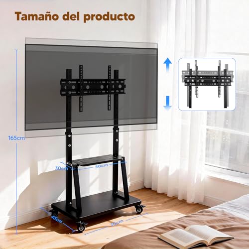 HUSEYTA Soporte para TV móvil con Ruedas, Base para televisor de 32 a 75 Pulgadas, Altura Ajustable, pie con Capacidad de Carga 100 kg, Bandeja MAX 30 kg, VESA 600x400mm