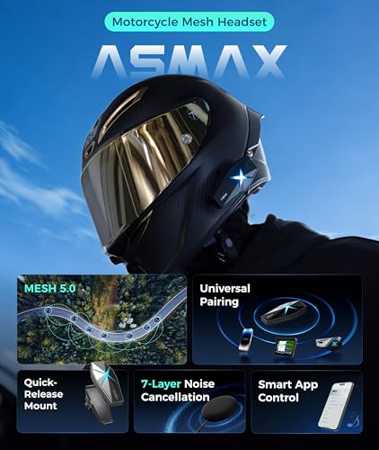 ASMAX F1s Motorcycle Bluetooth Headset with Smart Voice Control, 10 Riders Mesh Helmet Communication Systems, ENC/APP FOTA/Audio Multitasking/EQ Modes, 5-Mile Intercom for Snowmobile, 2 Pack