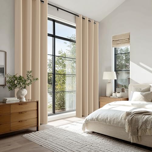 EMEMA Beige Blackout Curtain with Eyelets 140 x 225 cm Set of 2 Opaque Soft and Aesthetic Thermal Blackout Curtains for Living Room Modern Bedroom