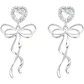 Andelaisi Vintage Bow Heart Earrings Crystal Heart Earrings Vintage Bow Dangle Earrings Long Bows Drop Earrings Ribbon Bows Dangle Earrings Jewelry for Women