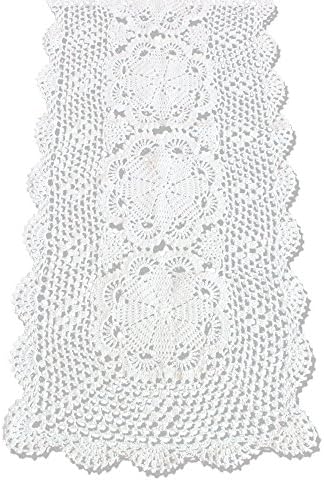 KEPSWET Floral Cotton Handmade Crochet Lace Rectangle Table Runner Dresser Party Decor (40cmx150cm, White)