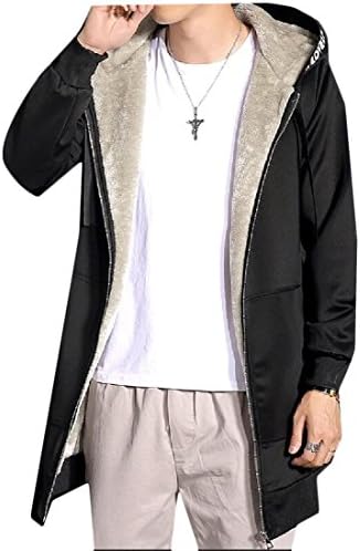 xiaokong Men's Plus Velvet Pure Color Sweatshirt Mid Length Coat Trench Coat Black M
