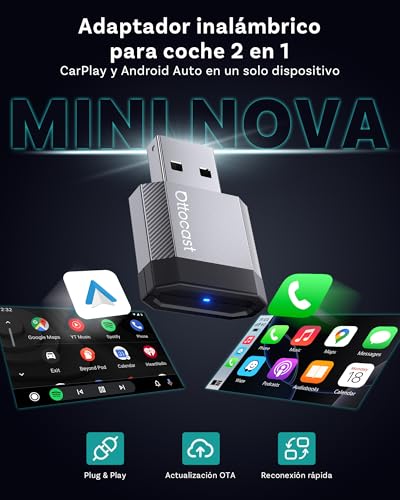 OTTOCAST Mini Nova 2026 Upgraded, Adattatore CarPlay Wireless Android Auto, WiFi Dual-Band, Riconnessione Automatica Rapida, Plug & Play USB, Per Auto con CarPlay Cablato OEM dal 2016