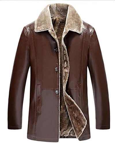 Fllay Men Faux Fur Collar PU Leather Trench Coat Fleeced Buttons Warm Jacket Brown XL