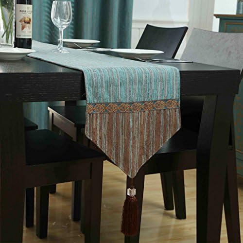 Tina Decorative Chenille Striped Tassel Table Runner Blue, 13x78"