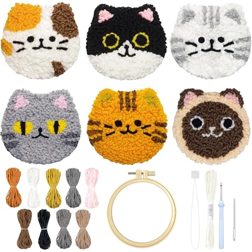 Morledoa Punch Needle Coasters Kit, Punch Needle Kits Adults Beginner, Cat Coasters Kit with Adhesive Felt, Yarns, Embroidery Hoop, Instruction