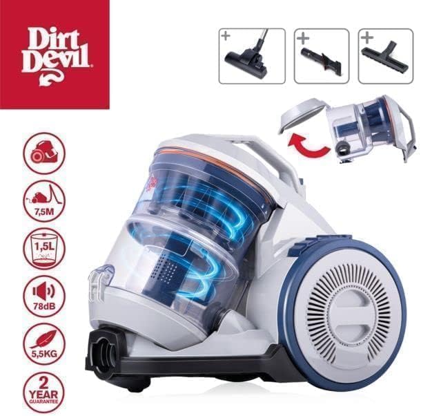 Aspirador sem saco DD2501, 850 W, filtro HEPA 12, alcance de 7,5 m, escova combinada e embutida, escova de parquet, 5,5 kg, caixa de recolha de pó de 1,5 L, cinzento/azul